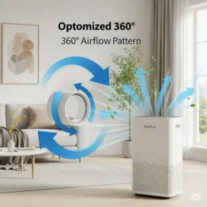 Arrows depicting efficient 360-degree airflow pattern of a TheraPure air purifier, ensuring comprehensive air purification in a room.