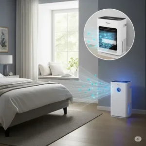 Quiet Whirlpool air purifier operating in a contemporary bedroom, promoting better sleep by improving air quality.