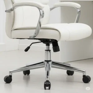 Smooth-rolling caster wheels on a white leather office desk chair, designed for easy mobility.