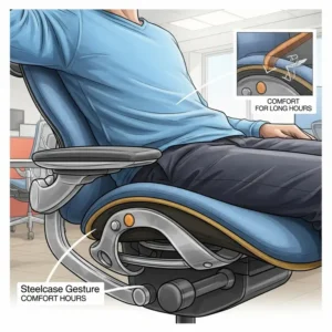 Illustration highlighting the plush, contoured seat of the Steelcase Gesture, emphasizing its comfort for long hours. aeron vs leap v2