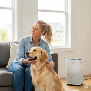 A happy pet owner enjoying clean air thanks to an airdog air purifier, specifically designed to eliminate pet dander and odors.