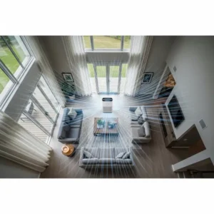 "Alen air purifier positioned in a spacious living room, subtly illustrating airflow patterns to demonstrate its coverage for this Alen air purifier review."