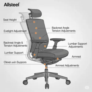 Diagram illustrating the various adjustable features of an Allsteel office chair, including armrests, seat depth, and recline.