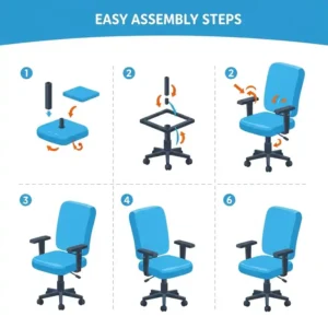 Illustration of easy assembly steps for a new blue office desk chair.