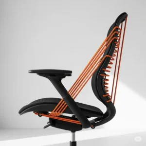 Side profile of a unique bungee office chair, emphasizing its innovative design and breathable construction.