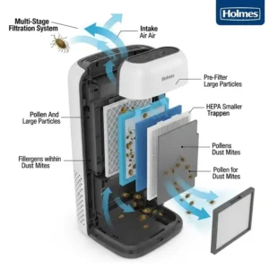 Diagram illustrating how a Holmes air purifier captures allergens like pollen and dust mites.