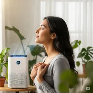 A person breathing easily and comfortably in a fresh, clean environment, thanks to the continuous purification provided by a Membrane Solutions air purifier.
