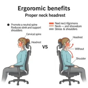 "Diagram showing office chair headrest benefits and neck support."