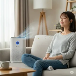 Person experiencing relief from allergies thanks to an Okaysou air purifier, filtering out pollen and dust.
