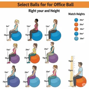 "Illustration displaying various sizes of pilates ball office chair, helping users select the right one for their height."