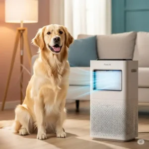 Image of a pet (cat or dog) next to a pure air air purifier, emphasizing its effectiveness in capturing pet dander and odors for a fresher home.