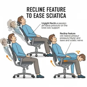 Illustration demonstrating the recline feature of an office chair for sciatica, allowing for varied positions to ease pain.