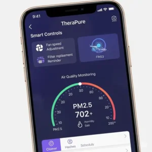 Smartphone screen showing the TheraPure air purifier app interface, highlighting smart controls and air quality monitoring features.
