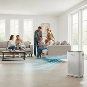 Stylish Whirlpool air purifier seamlessly blending into a modern living room, effectively cleaning the air for family comfort.
