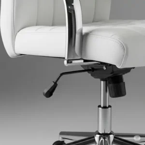 Pneumatic height adjustment lever on a white leather office chair, allowing for customized seating.