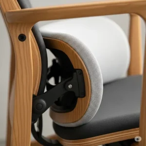 "Detail shot of the adjustable lumbar support on a wood office chair for enhanced comfort."
