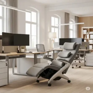 "Stylish zero gravity office recliner integrated seamlessly into a contemporary office environment, enhancing productivity."