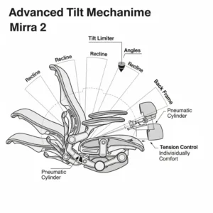 Diagram illustrating the advanced tilt mechanism of the Herman Miller Mirra 2, showing recline angles and tension control. aeron vs leap v2