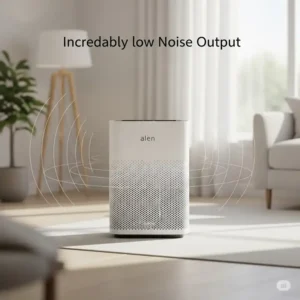 "A visual representation of the low noise output of an Alen air purifier, perhaps with sound waves subtly depicted, for a comprehensive Alen air purifier review."