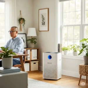 austin air purifier providing clean air in a home office setting, enhancing focus and well-being.