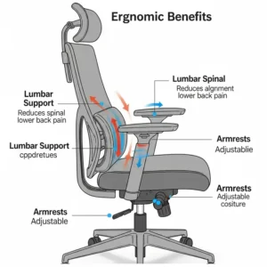 Illustration highlighting the ergonomic features of a bar height office chair, such as lumbar support and armrests.