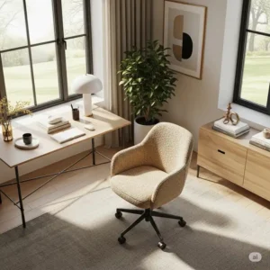 Comfortable boucle office chair integrated into a chic home office setup, enhancing the room's decor.
