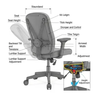 Diagram illustrating the key dimensions and adjustable features of a standard bungee office chair.