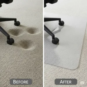 "Before and after comparison showing deep indentations in thick carpet caused by an office chair, contrasted with a perfectly protected area using an office chair mat for thick carpet."