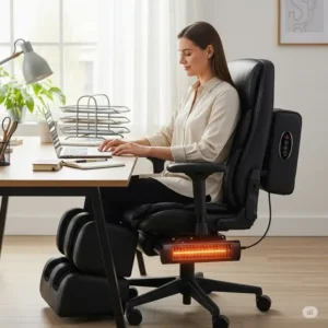"Person comfortably working at a desk in an office chair with massage and heat equipped with soothing massage and heat functions."