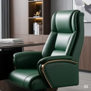 "Luxurious green office desk chair with padded armrests and high-back support."