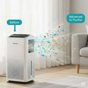 Visual representation of a Hisense air purifier removing allergens, dust, and pet dander from indoor air.