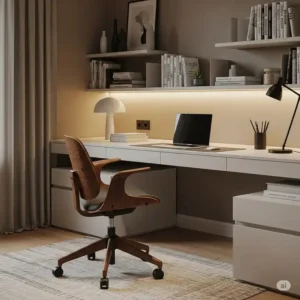 "Stylish wood office chair integrated into a cozy and functional home office setup."