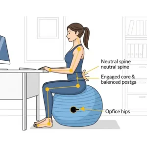 "Illustration demonstrating the correct posture and technique for sitting on a pilates ball office chair."