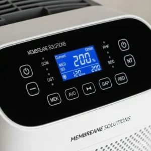Close-up of the user-friendly control panel and display of a Membrane Solutions air purifier, showcasing its intuitive settings and features.