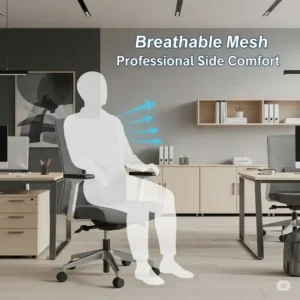 An illustration highlighting a mesh-back office side chairs, emphasizing its breathable material for enhanced comfort in professional settings.