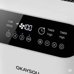 Close-up of the user-friendly control panel on an Okaysou air purifier, showing fan speed and timer settings.