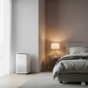 TheraPure air purifier discreetly placed in a serene bedroom, providing quiet and effective air purification for a good night's sleep.