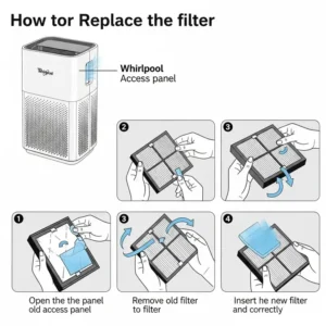 Step-by-step illustration of how to easily replace the filter in a Whirlpool air purifier for continued optimal performance.