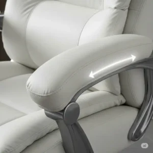 Padded armrests of a white leather office desk chair, providing comfort and support.