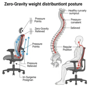 "Diagram illustrating the unique weight distribution and spinal alignment benefits of a zero gravity office recliner."