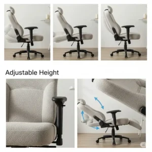 Adjustable boucle computer chair demonstrating its height and recline functions for personalized comfort.
