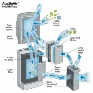 Diagram illustrating the air circulation and purification process of an austin air purifier cleaner, showing how it removes airborne pollutants.