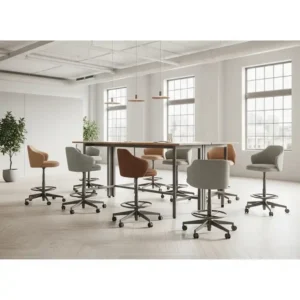 Group of bar height office chairs in a collaborative workspace, ideal for high-top tables and team discussions.