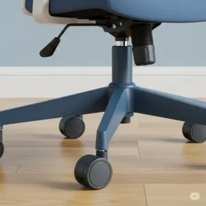 Productivity setup with a laptop on a desk and a vibrant blue office desk chair.