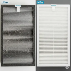 Side-by-side comparison of a used and new coway air purifier filter, demonstrating the importance of timely replacement.