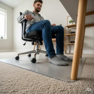 "A person effortlessly rolling their office chair across a specialized mat, highlighting the smooth mobility an office chair mat for thick carpet provides on thick carpet."