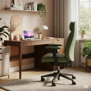 "Cozy home office setup featuring a stylish green office desk chair, perfect for remote work."