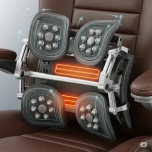 "Detailed view of the adjustable lumbar support on an office chair with massage and heat, showcasing its integrated massage and heat elements."