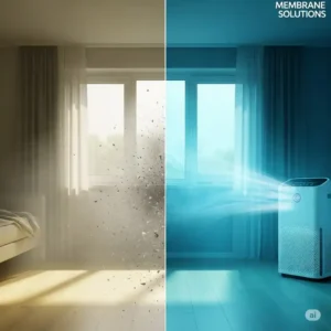 Visual comparison demonstrating the difference between polluted indoor air and the significantly cleaner, healthier air after purification by a Membrane Solutions air purifier.