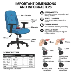 Infographic detailing important dimensions and measurements to consider when buying replacement office chair casters.